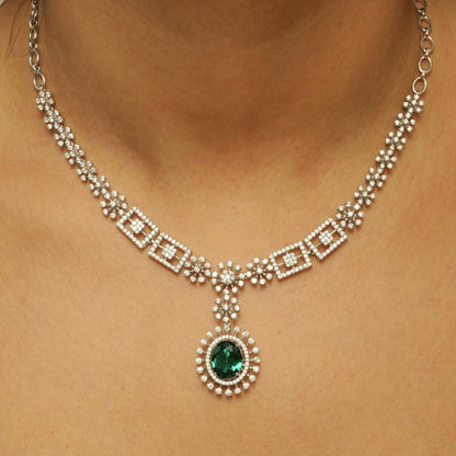 Halo Oval Emerald Diamond Necklace Earring Set