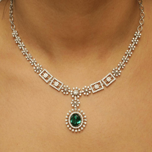 Halo Oval Emerald Diamond Necklace Earring Set