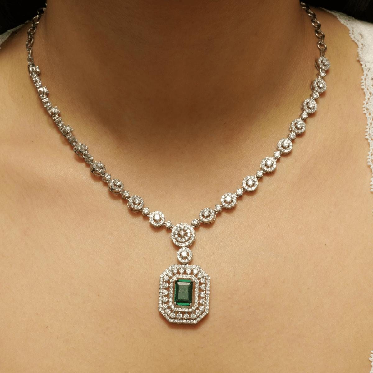 Halo Emerald Diamond Necklace