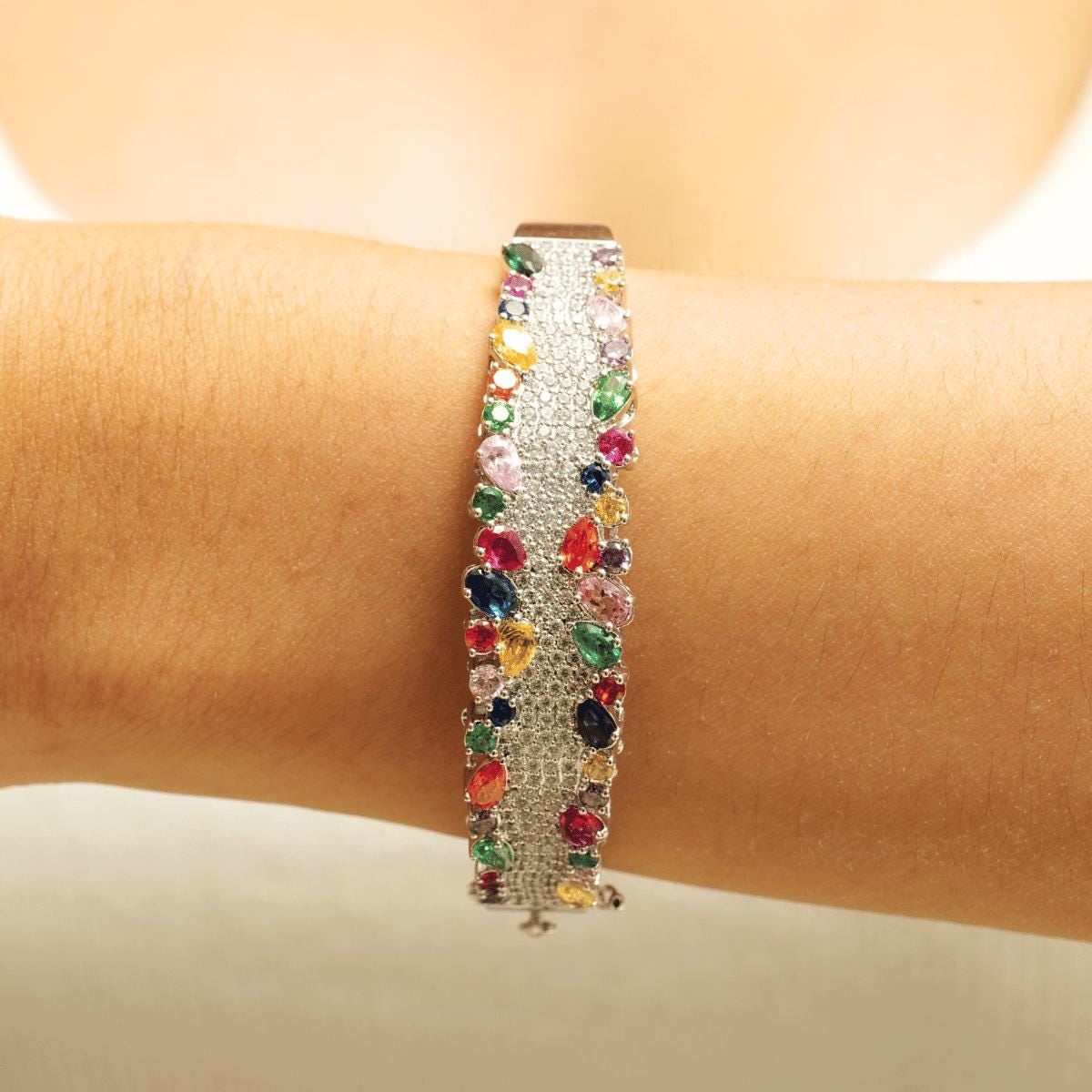 Rainbow Gemstone Natural Diamond Broad Bridal Bracelet
