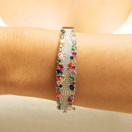 Rainbow Gemstone Natural Diamond Broad Bridal Bracelet
