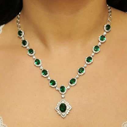 Halo Oval Emerald Diamond Necklace