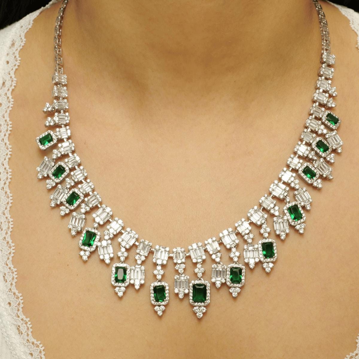 Halo Emerald Diamond Drop Necklace