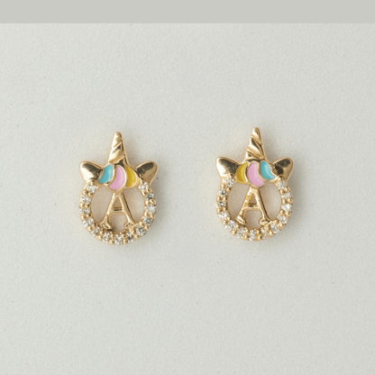 Unicorn Initial Diamond Kids Stud Earrings