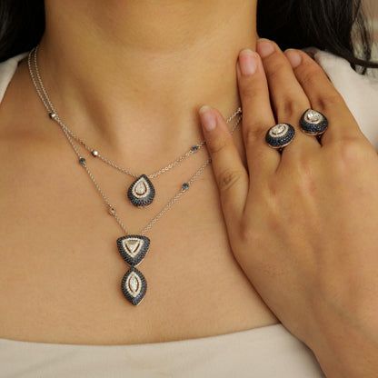 Fancy Diamonds Pendant Necklace with Blue Sapphires