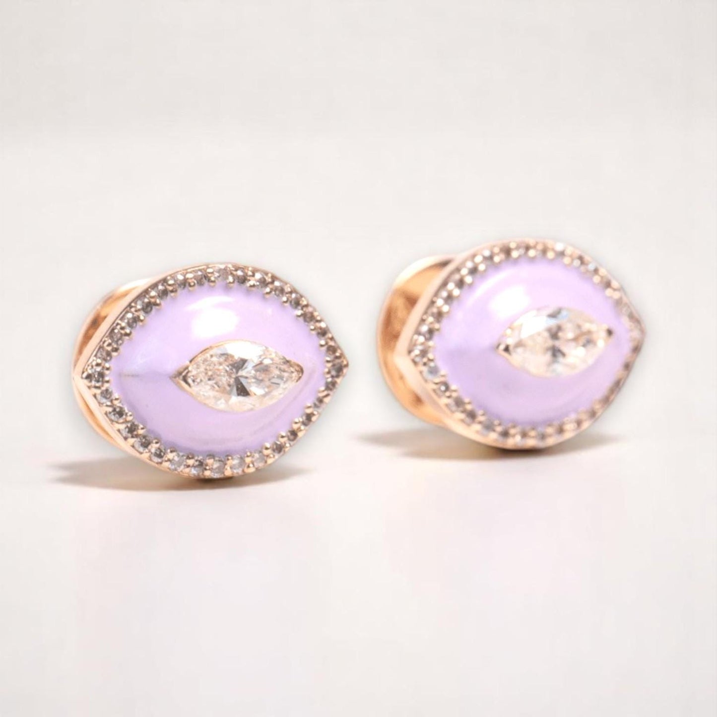 Eye shape Diamond Stud Earrings with Pink Enameling