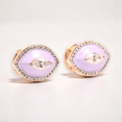 Eye shape Diamond Stud Earrings with Pink Enameling
