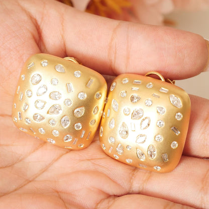 Gold Square Dome Natural Diamond Studs