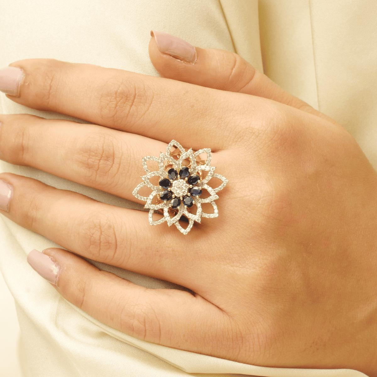 Flower Natural Diamond & Blue Sapphire Ring