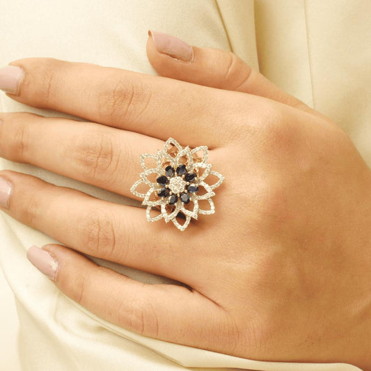 Flower Natural Diamond & Blue Sapphire Ring