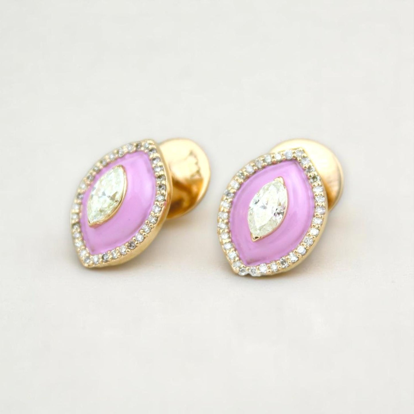 Eye shape Diamond Stud Earrings with Pink Enameling