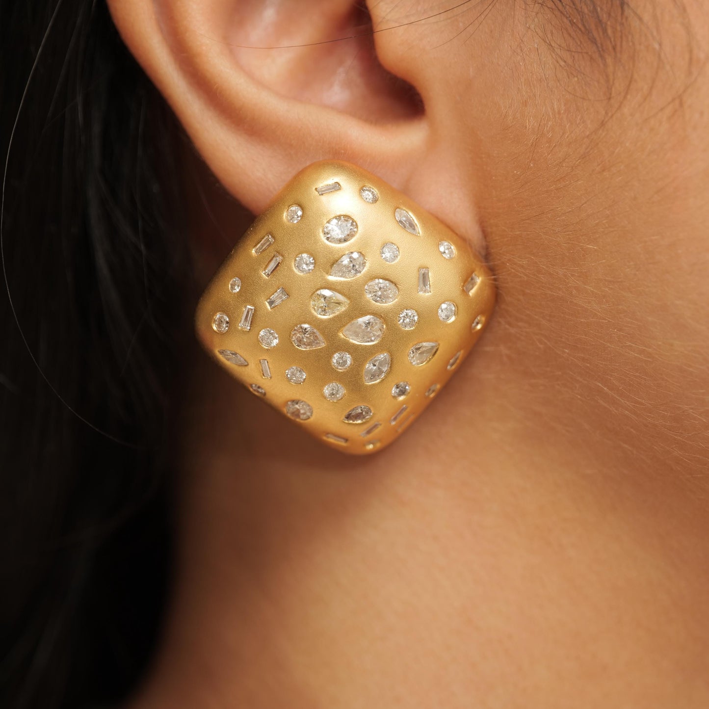 Gold Square Dome Natural Diamond Studs