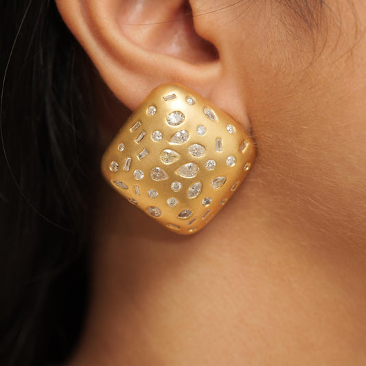 Gold Square Dome Natural Diamond Studs