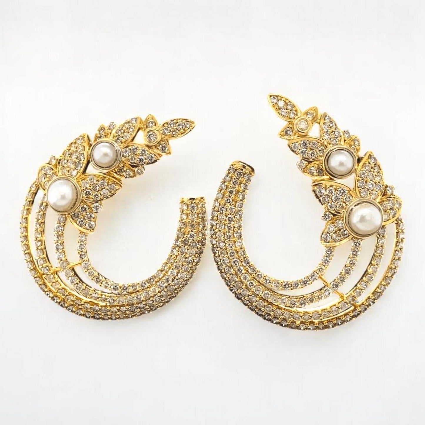 Leaves Stud Pearl Diamond Earrings