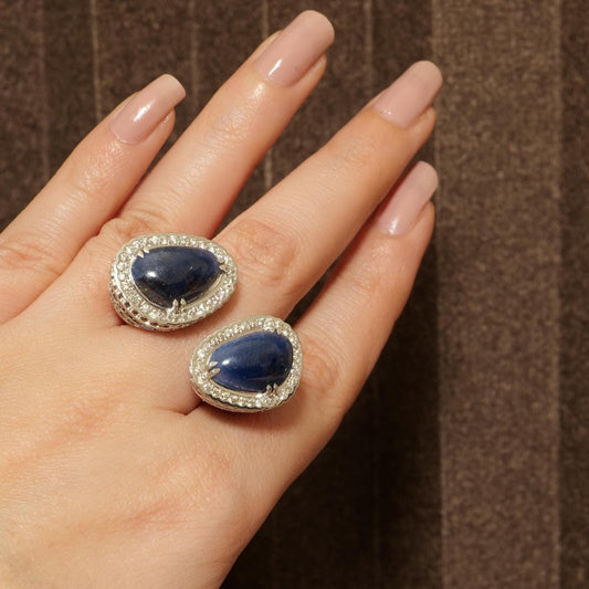 Natural Blue Sapphire & Diamond Open Cuff Ring