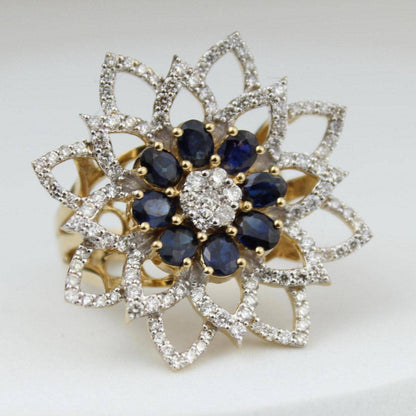 Flower Natural Diamond & Blue Sapphire Ring