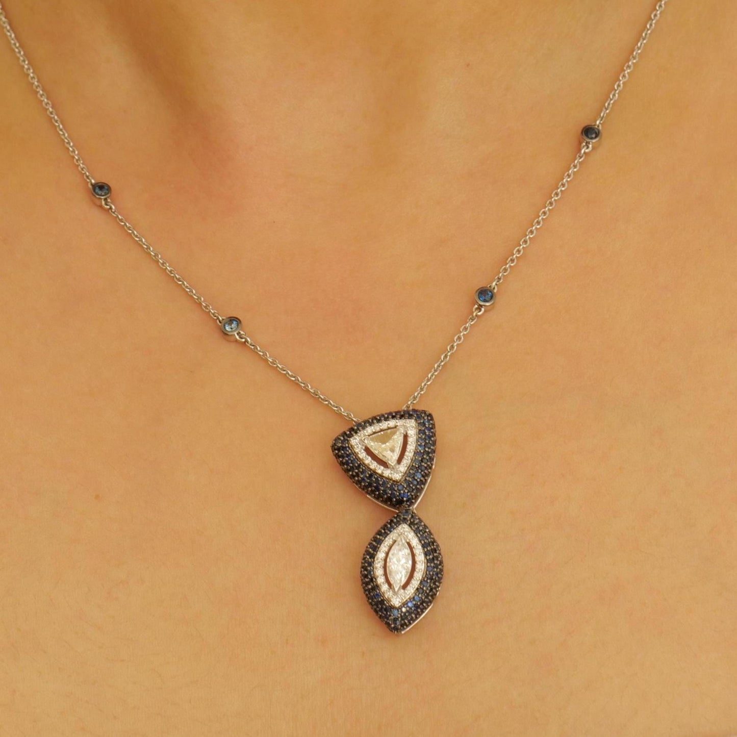 Fancy Diamonds Pendant Necklace with Blue Sapphires