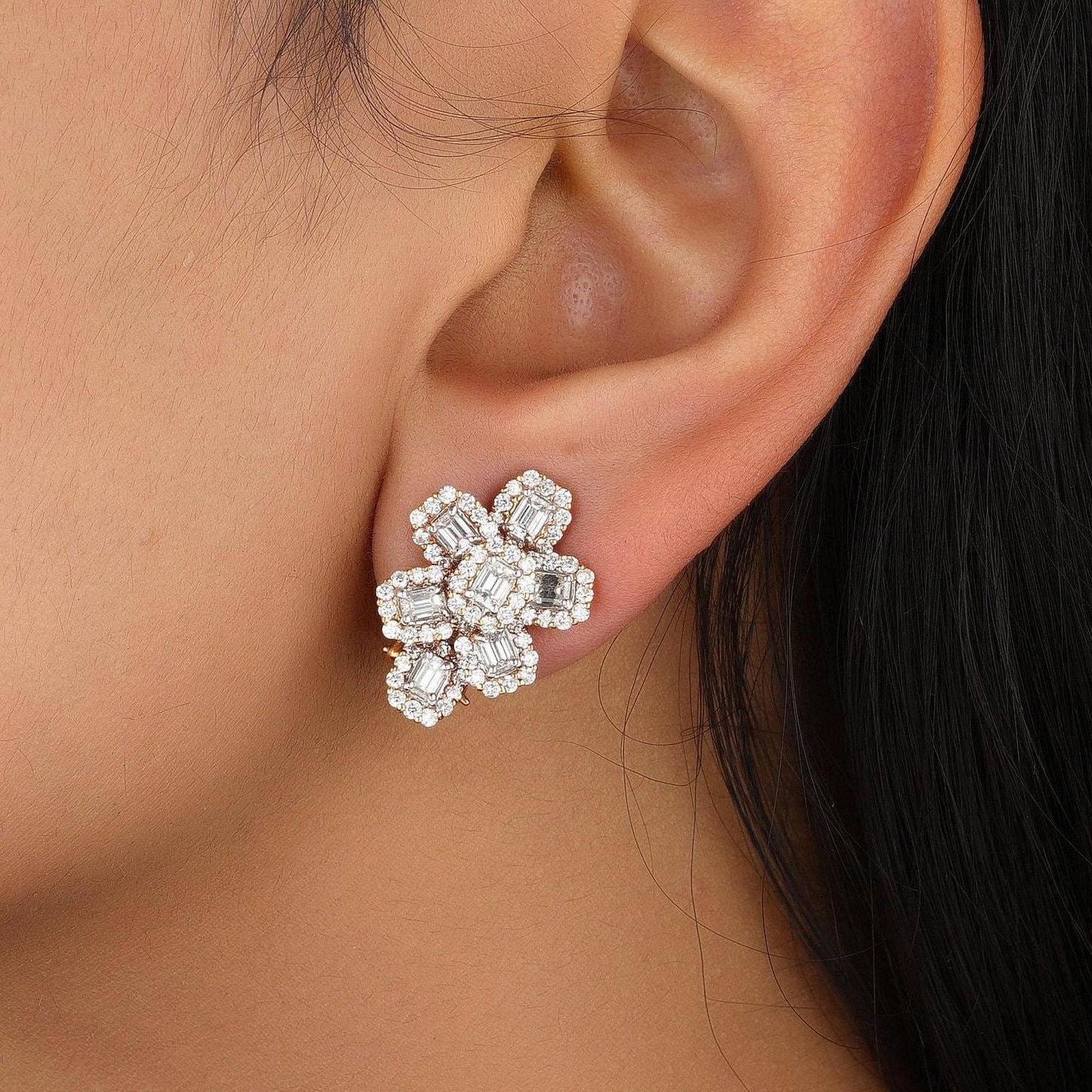 Flower Halo Diamond Huggie Earrings