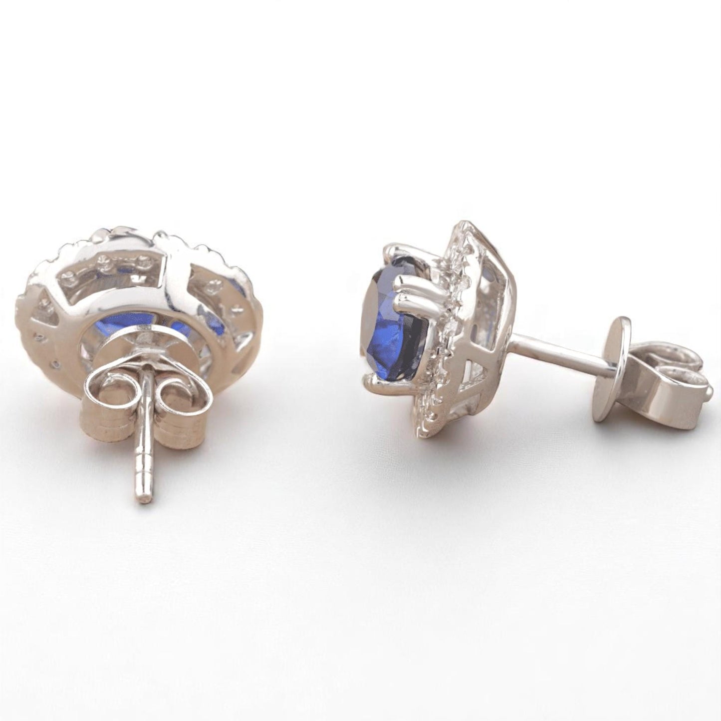 Oval Blue Sapphires Halo Diamond Earrings