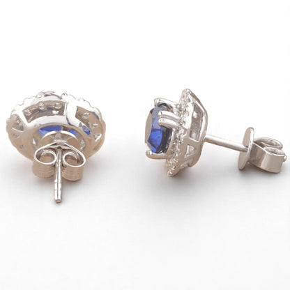 Oval Blue Sapphires Halo Diamond Earrings