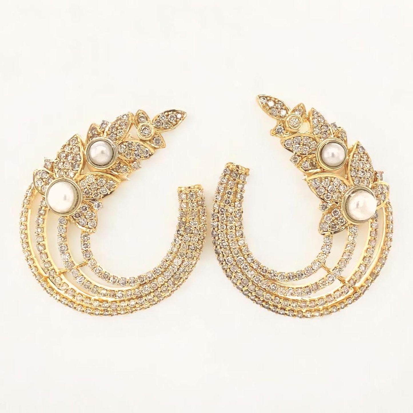 Leaves Stud Pearl Diamond Earrings