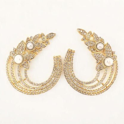 Leaves Stud Pearl Diamond Earrings