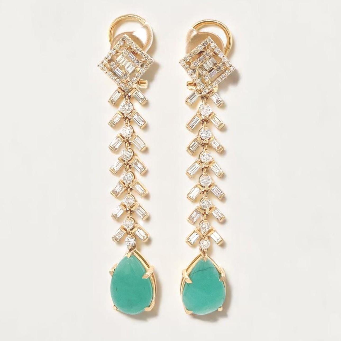 Tear Drop Emerald Diamond Dangle Earrings