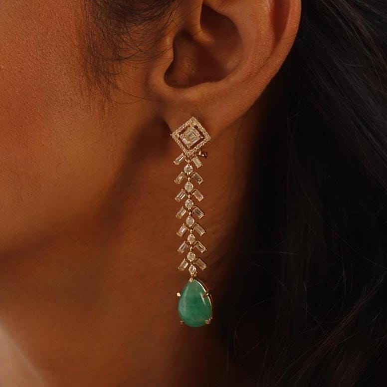 Tear Drop Emerald Diamond Dangle Earrings