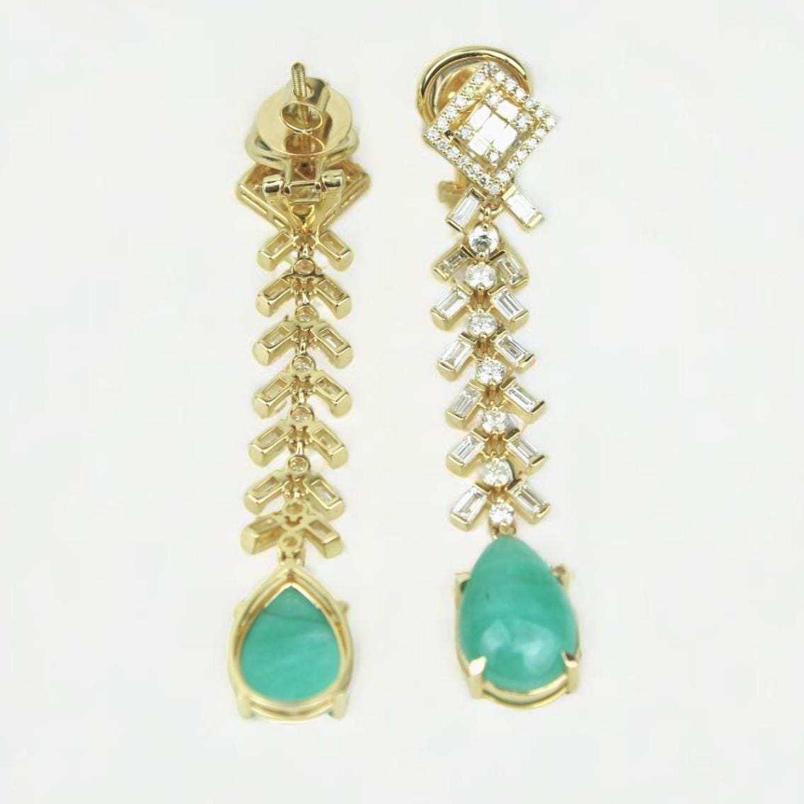 Tear Drop Emerald Diamond Dangle Earrings