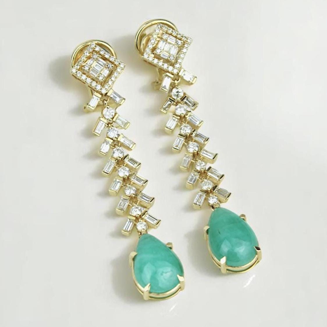 Tear Drop Emerald Diamond Dangle Earrings