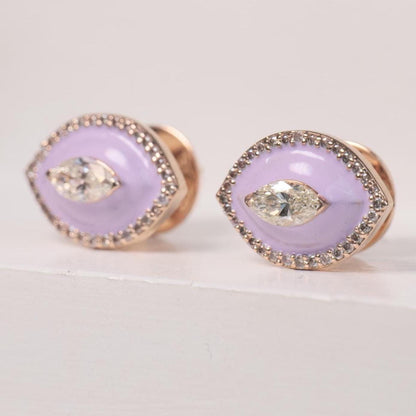 Eye shape Diamond Stud Earrings with Pink Enameling