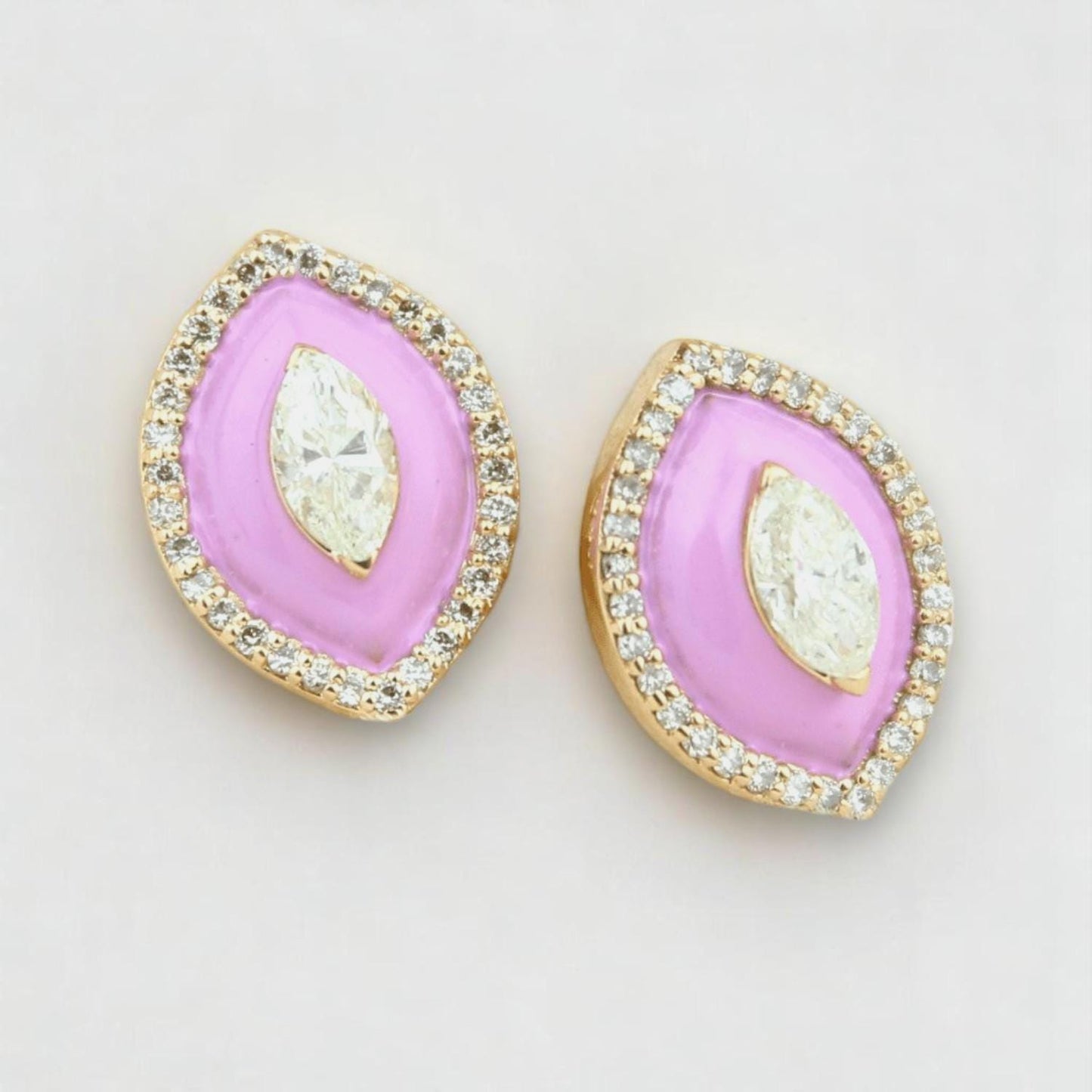 Eye shape Diamond Stud Earrings with Pink Enameling