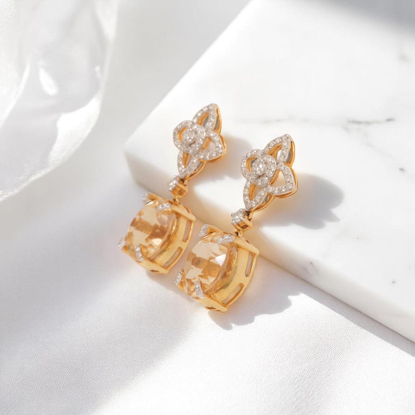 Flower Diamond Citrine Drop Earrings
