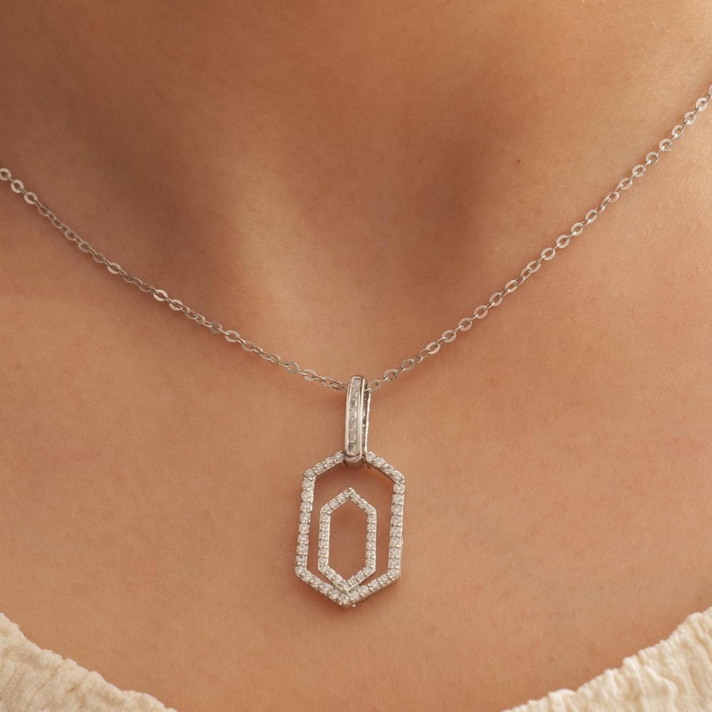 Hexagonal Diamond Pendant Necklace