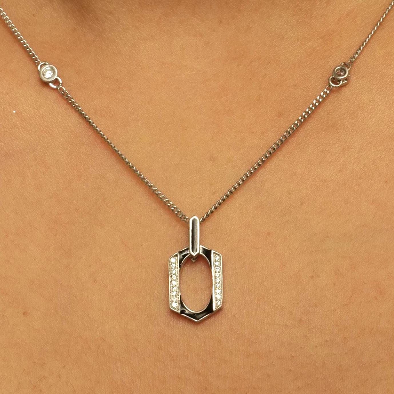 Hexagonal Enamel Diamond Pendant Necklace