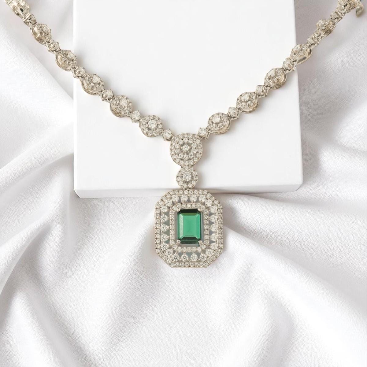 Halo Emerald Diamond Necklace