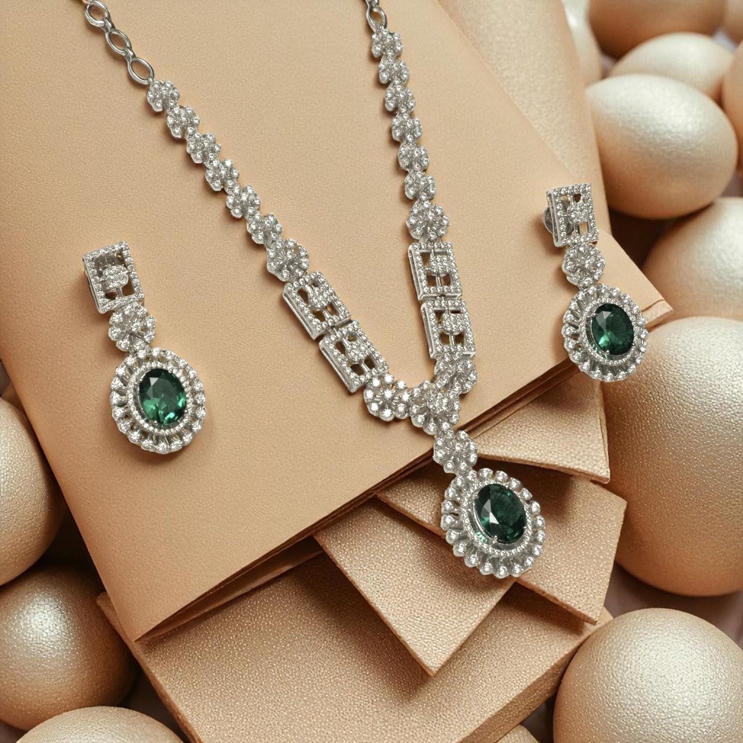 Halo Oval Emerald Diamond Necklace Earring Set