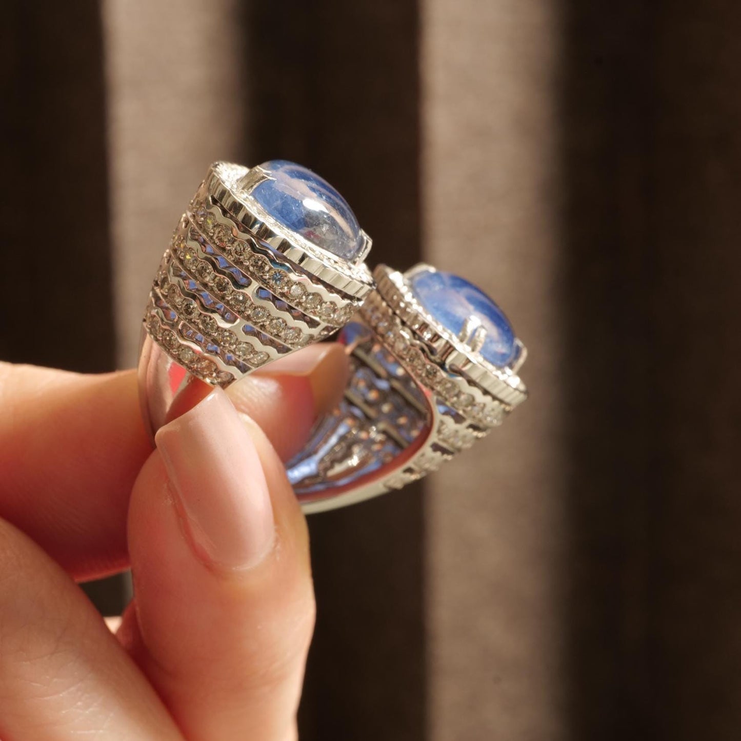 Natural Blue Sapphire & Diamond Open Cuff Ring