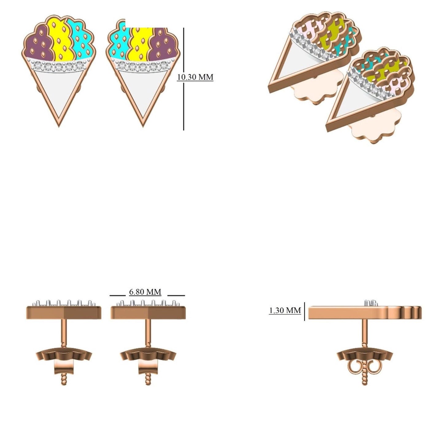 Kids Cone Ice Cream Diamond Stud Earrings