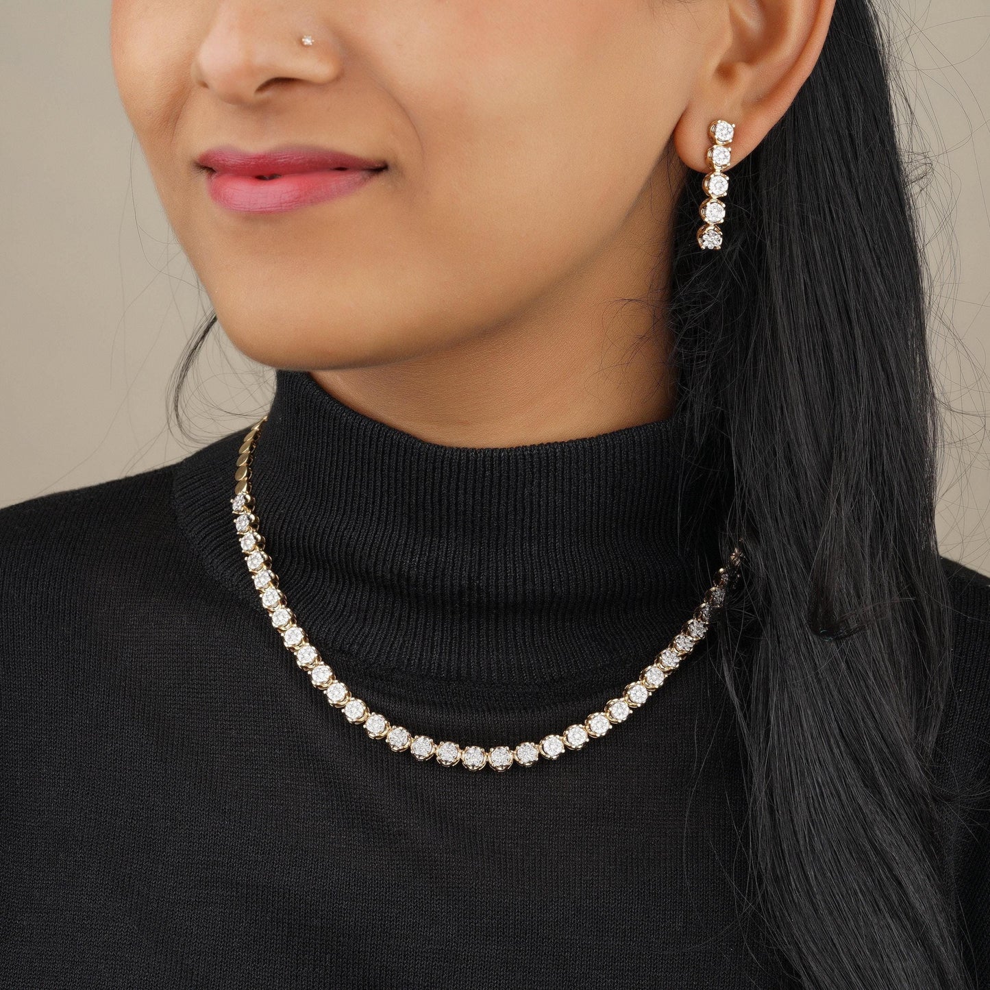 Round Diamond Tennis Necklace Earring Set