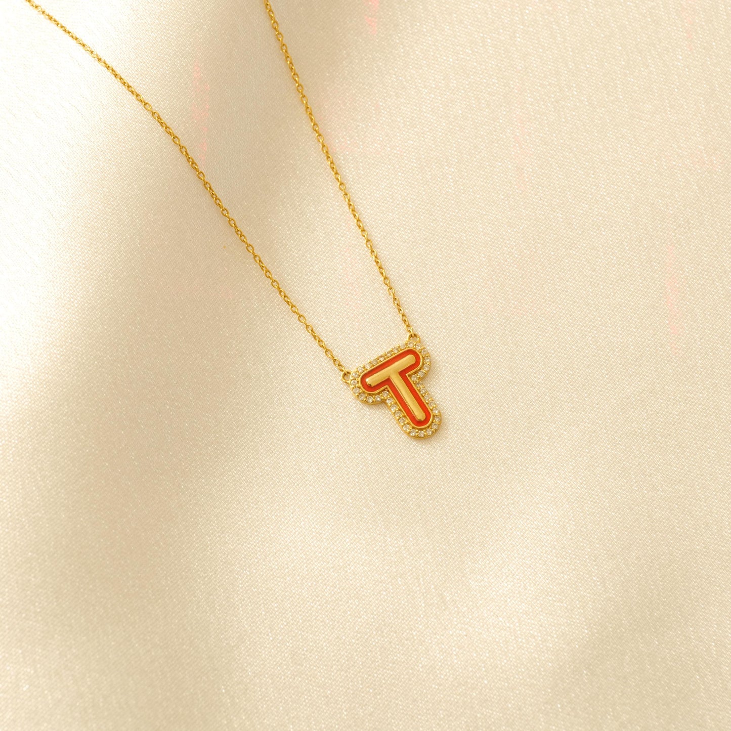 Personalized Initial Halo Diamond Enamel Necklace