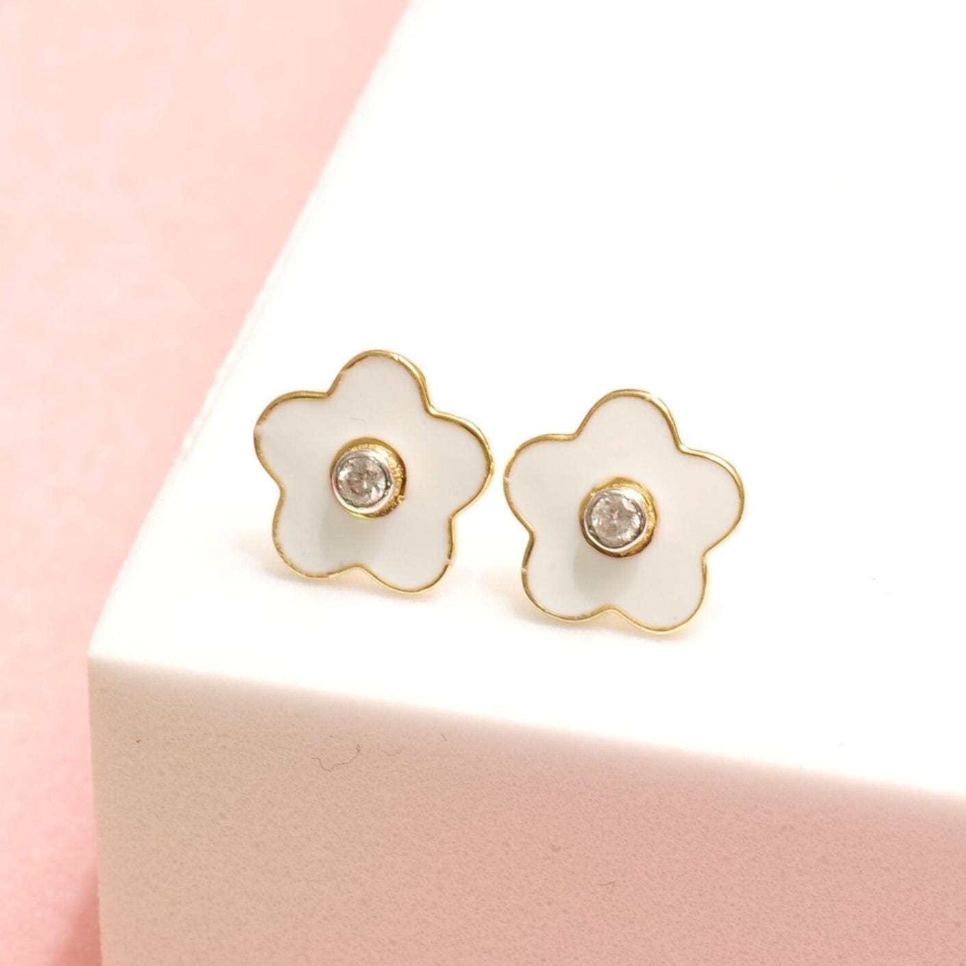 Kids Enameled Flower Diamond Stud Earrings