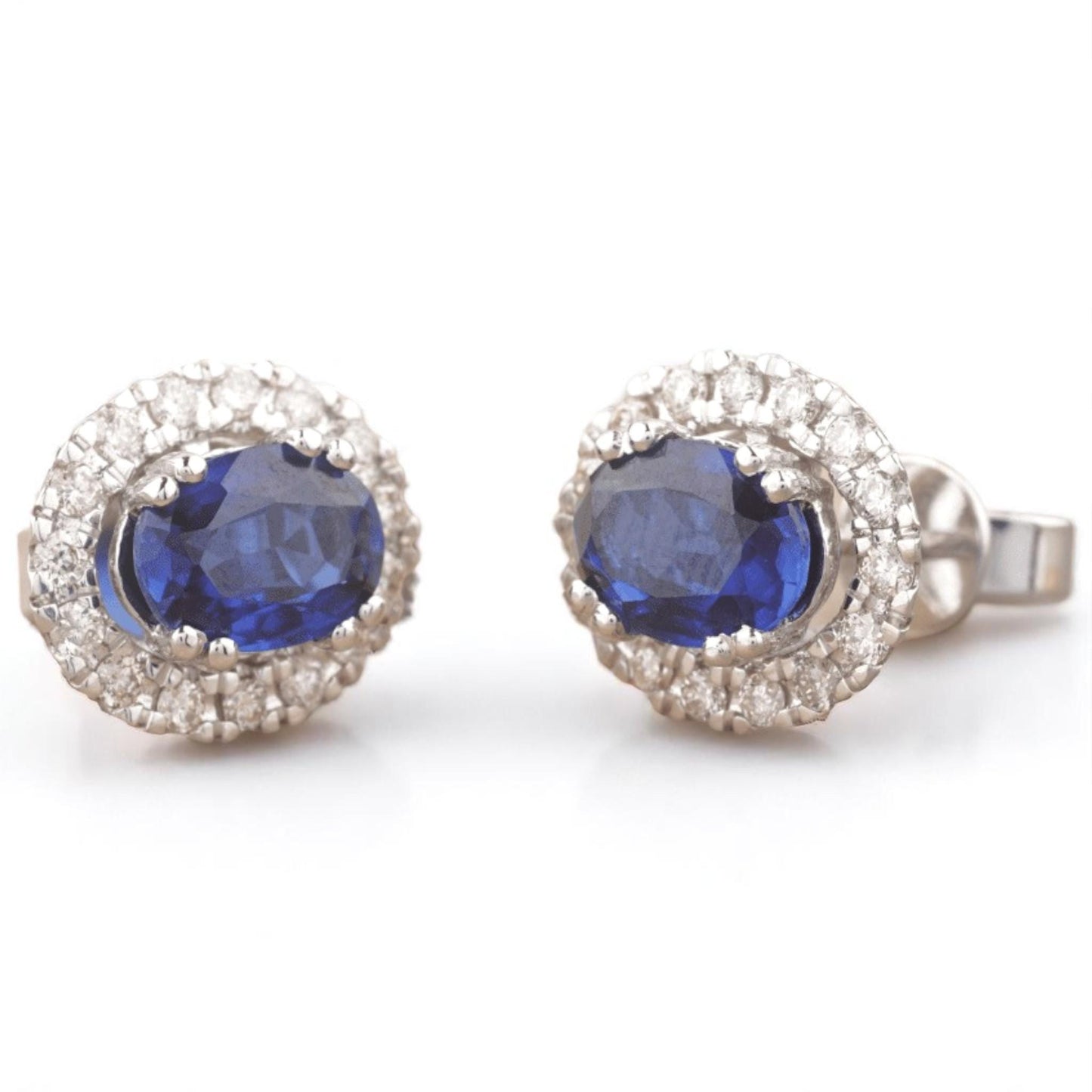 Oval Blue Sapphires Halo Diamond Earrings