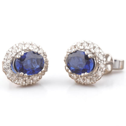 Oval Blue Sapphires Halo Diamond Earrings