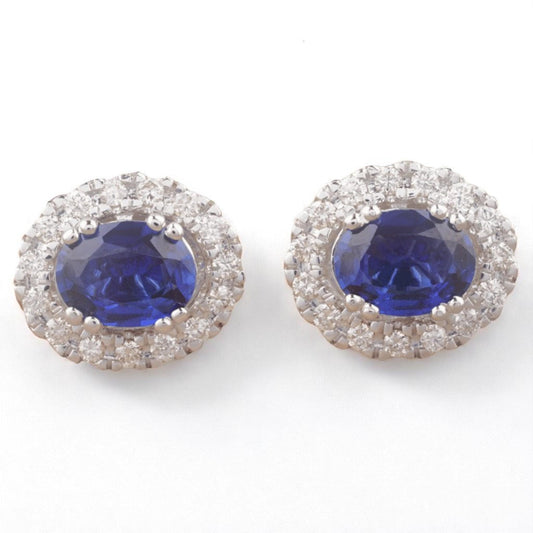 Oval Blue Sapphires Halo Diamond Earrings