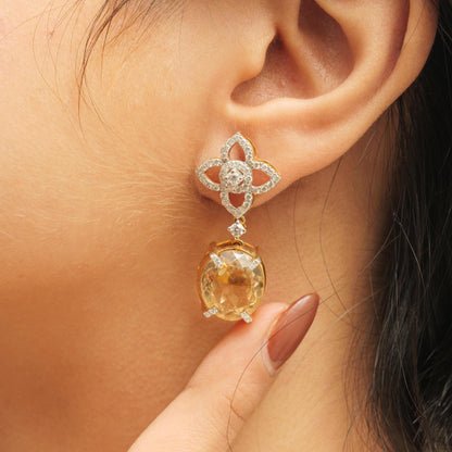 Flower Diamond Citrine Drop Earrings