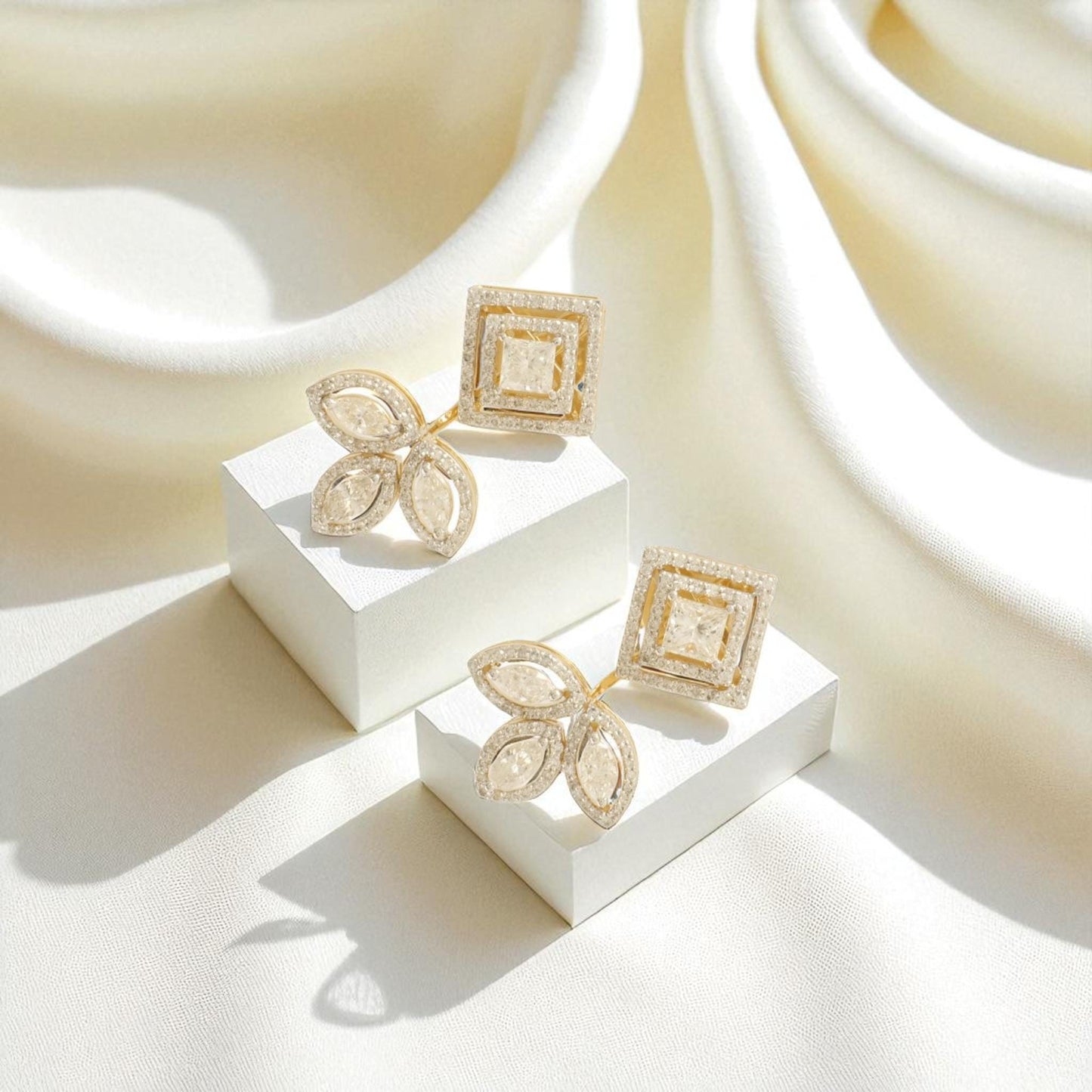 Geometric Leaf Halo Diamond Studs