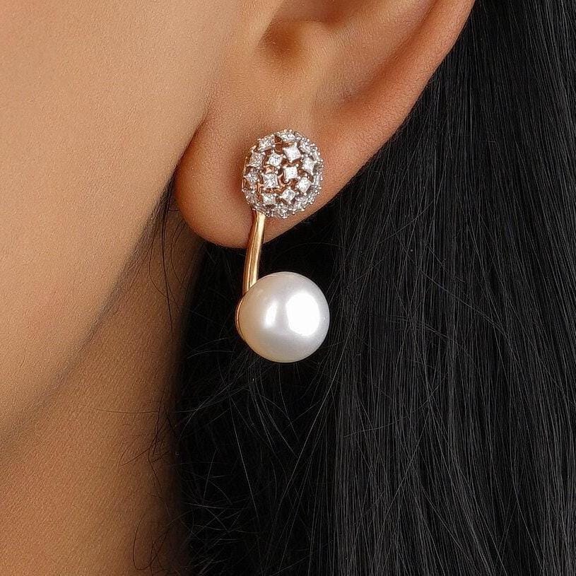 Pearl Diamond Drop Stud Earrings