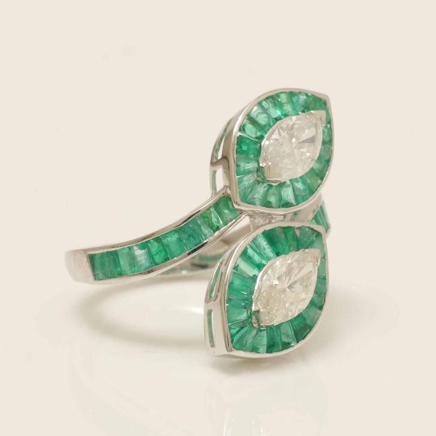 Baguette Cut Emerald Halo Diamond Ring