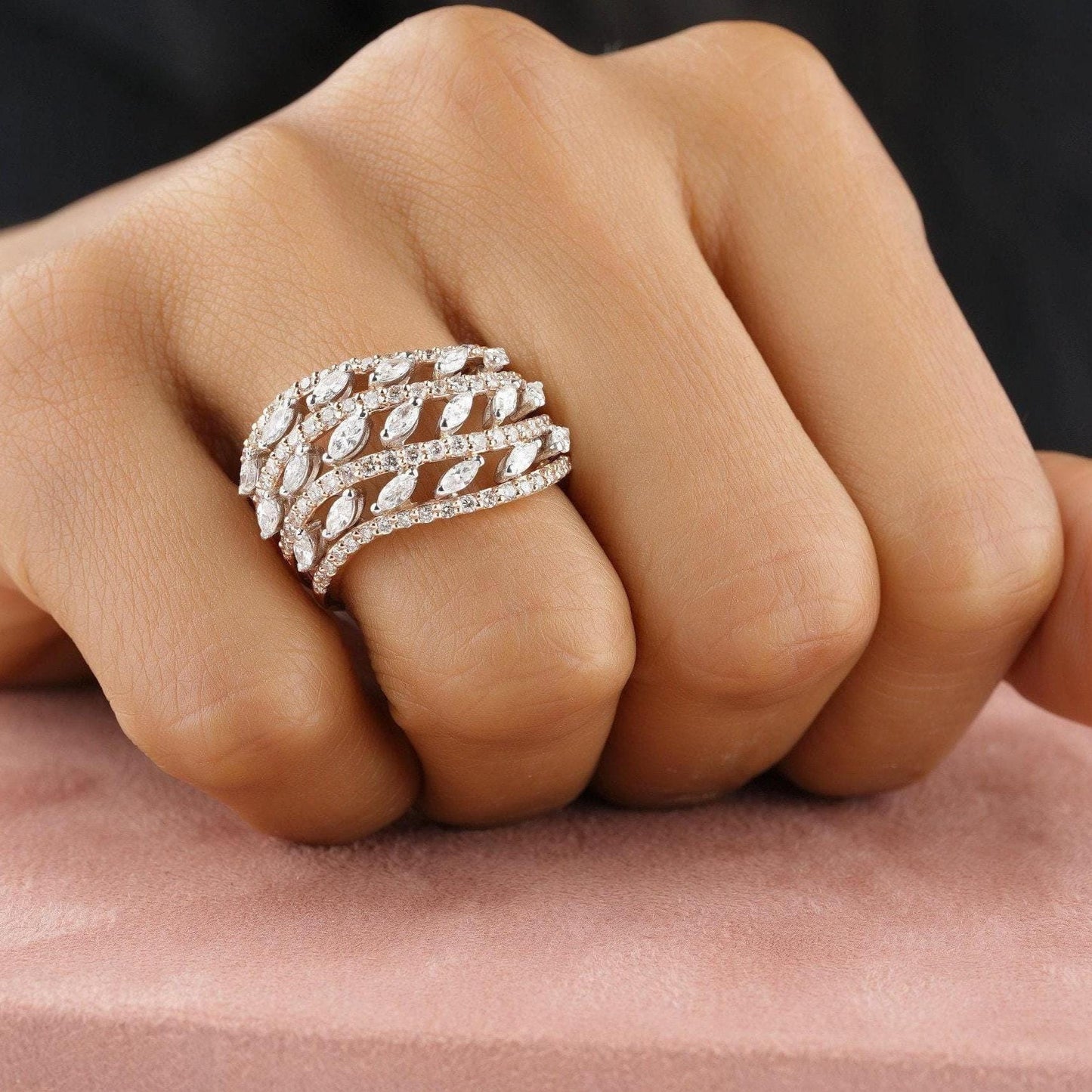 Marquise Diamond Wave Lines Band